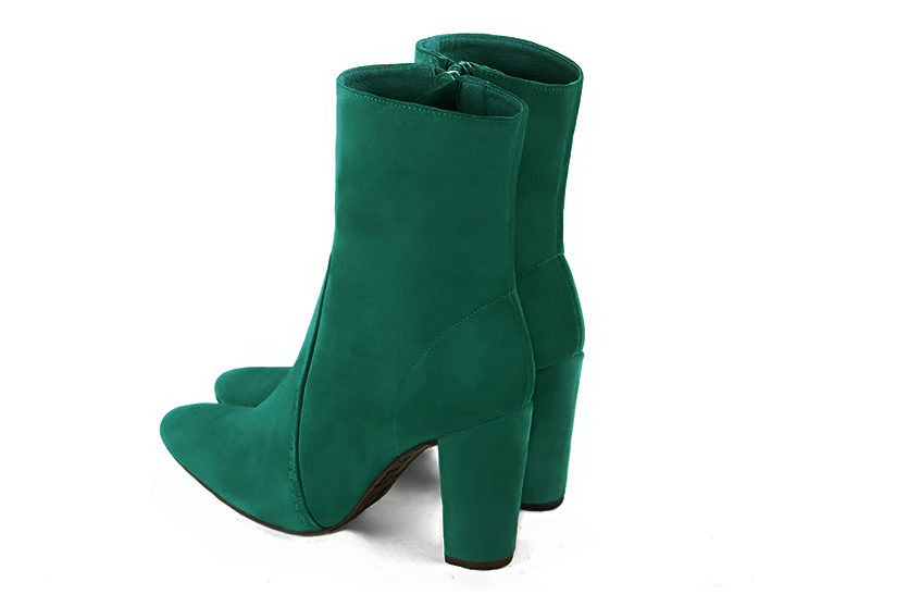 Emerald green women's ankle boots with a zip on the inside. Round toe. High block heels. Rear view - Florence KOOIJMAN